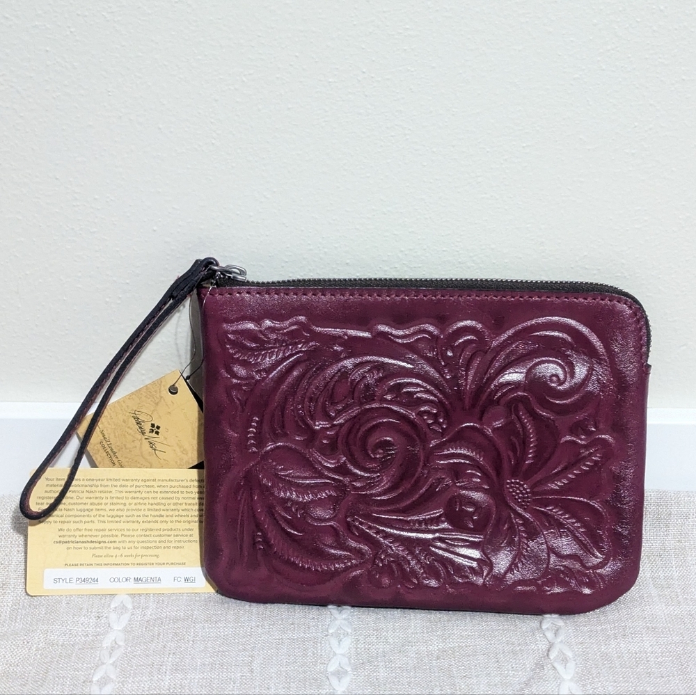 Patricia Nash Cassini Tooled Floral Embossed Clutch Wristlet Magenta